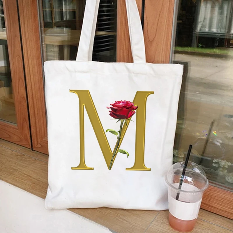 Rose Letter Print Canvas Bag para mulheres, alfabeto A-Z sacos de ombro, Letter Series Tote Bag, saco de compras Bacherlette Party das meninas, 26 letras