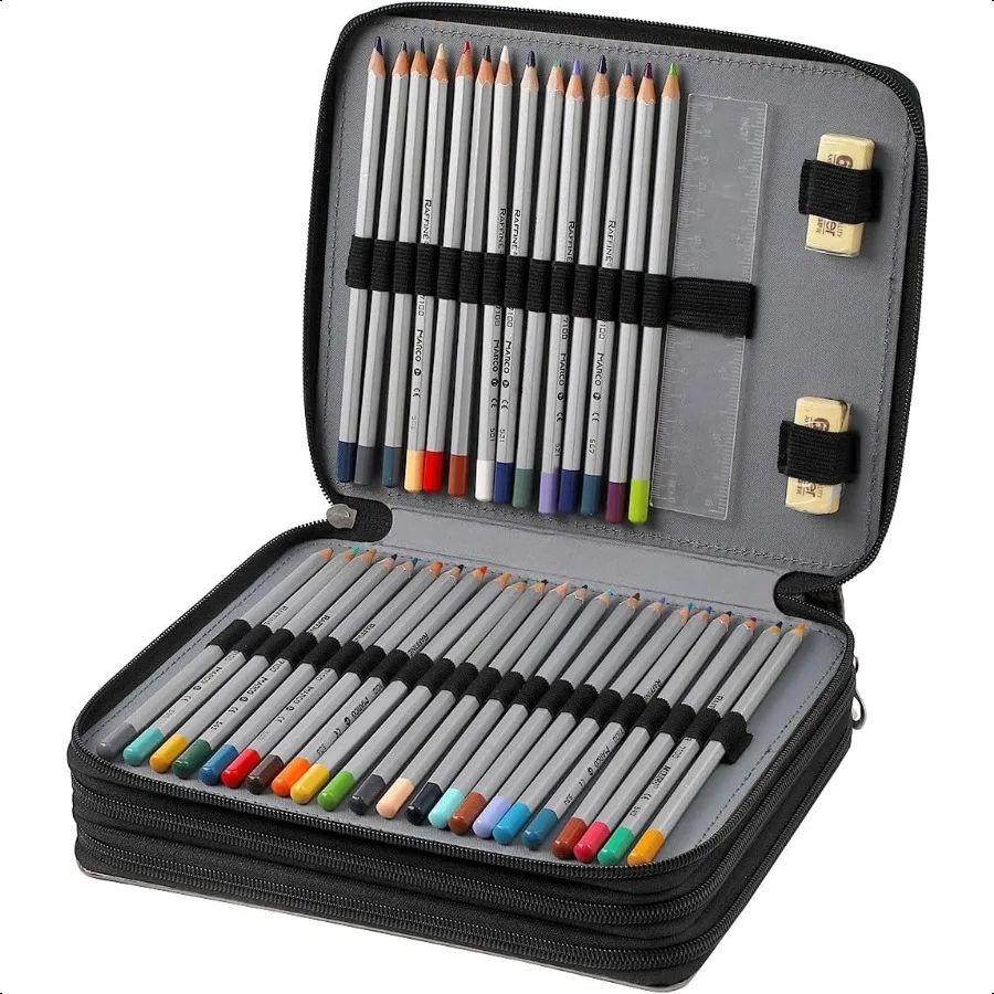 مقلمة ملونة ذات سعة كبيرة 124 فتحة من جلد البولي يوريثان مع سحاب إغلاق منظم محمول لأقلام الألوان المائية مثالية لـ