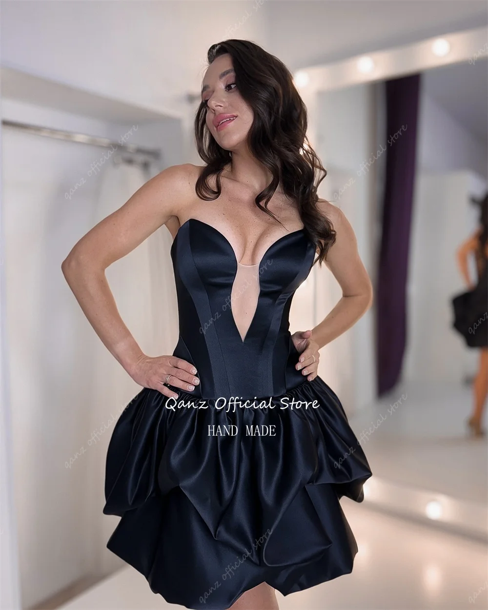 Qanz azul marinho cetim vestidos de baile querida curto uma linha inchado vestido de festa de aniversário mini sexy vestido de baile 	 Personalizado