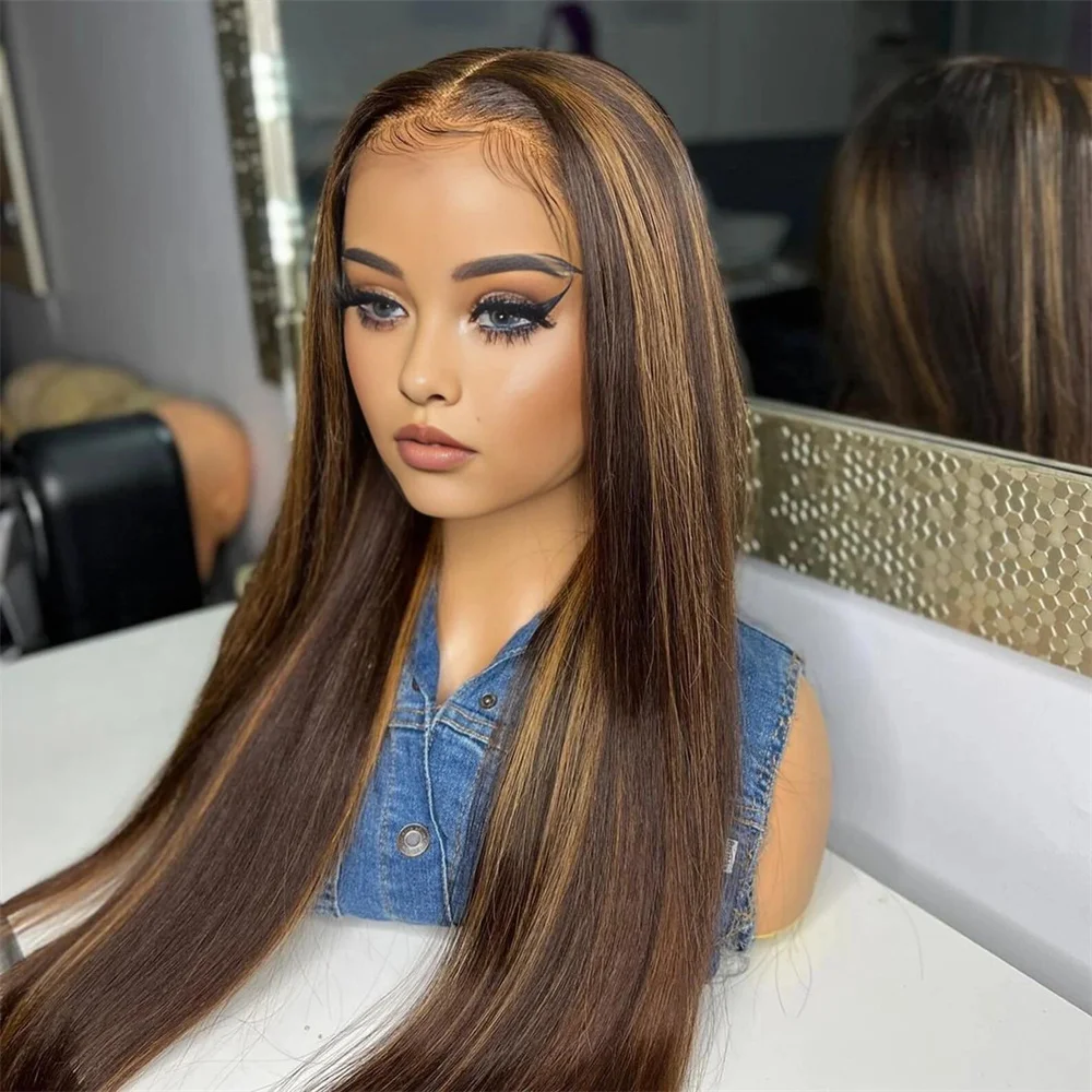 Long 20” Glueless Soft Highlight Brown straight 5x5 Silk Base Jewish Human Hair Wig Baby Hair HD Lace European Hair Preplucked