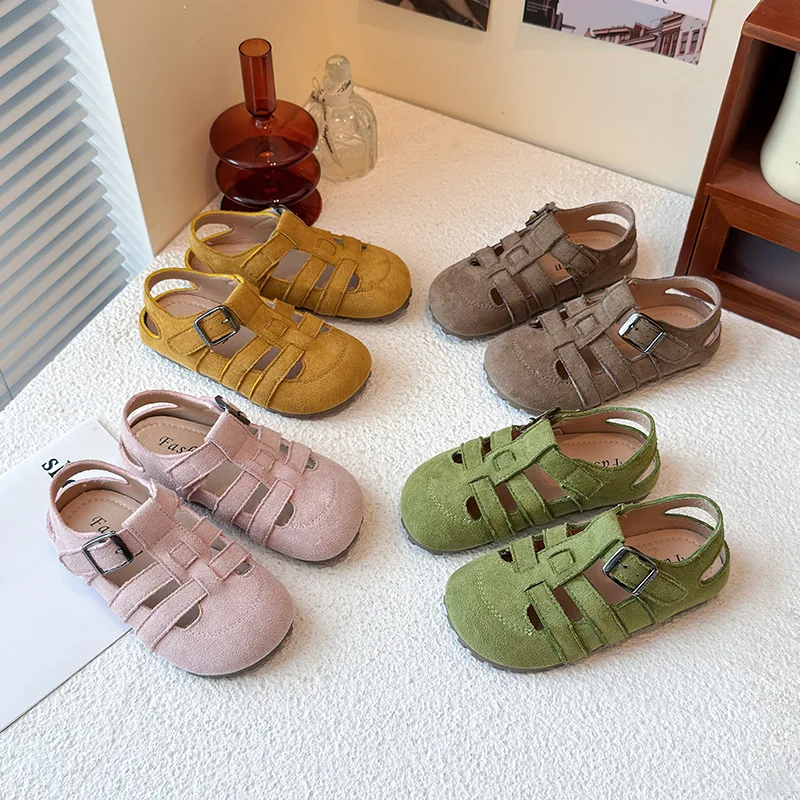 1-12Y Children's Sandals Toe Protect Boys Girls Summer New Candy Color Soft Sole Shoes Kids Casual Retro Flat Leather Sandals