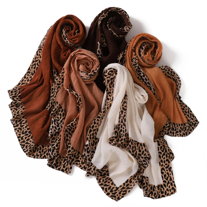 Foreign Trade Autumn and Winter Solid Color Leopard Print Edge Crumpled Cotton and Linen Scarf Soft Breathable MiuMiu Bag Scarf