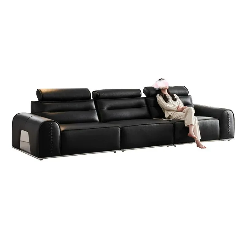 Italian light luxury, semi-green leather sofa, all genuine leather, high backrest, light luxury straight row