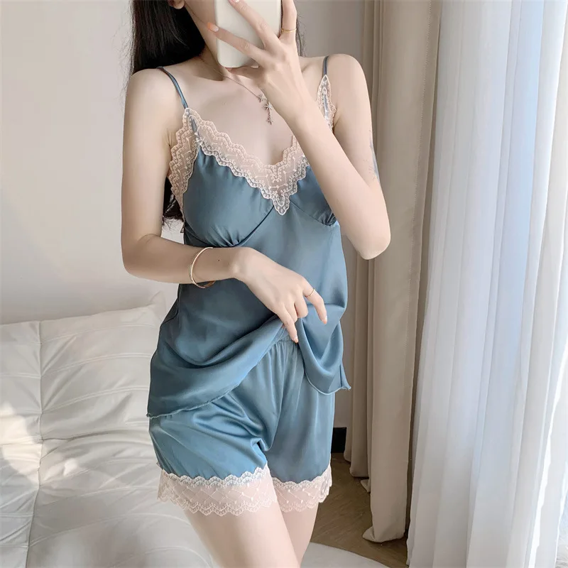 Sexy Ice Silk Pajama Women Summer Thin Sexy Pure Desire Lace Suit With Breast Cushion Suspender Shorts Two-piece Home Wear