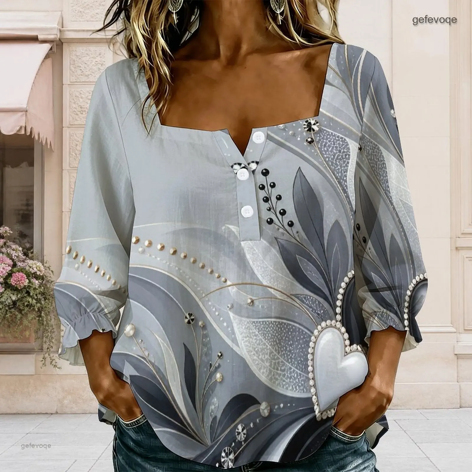 Square Neck Button Detail Long Sleeve Ruffle Cuffs Printed Blouse for Women