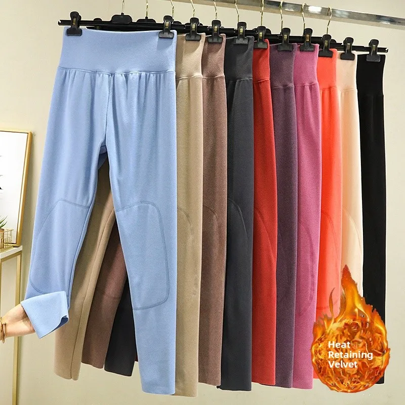 ارتفاع الخصر Thiened Fce المرأة الخريف السراويل على الوجهين التدفئة كبيرة الحجم Sl الحرارية قاعدة طبقة السراويل