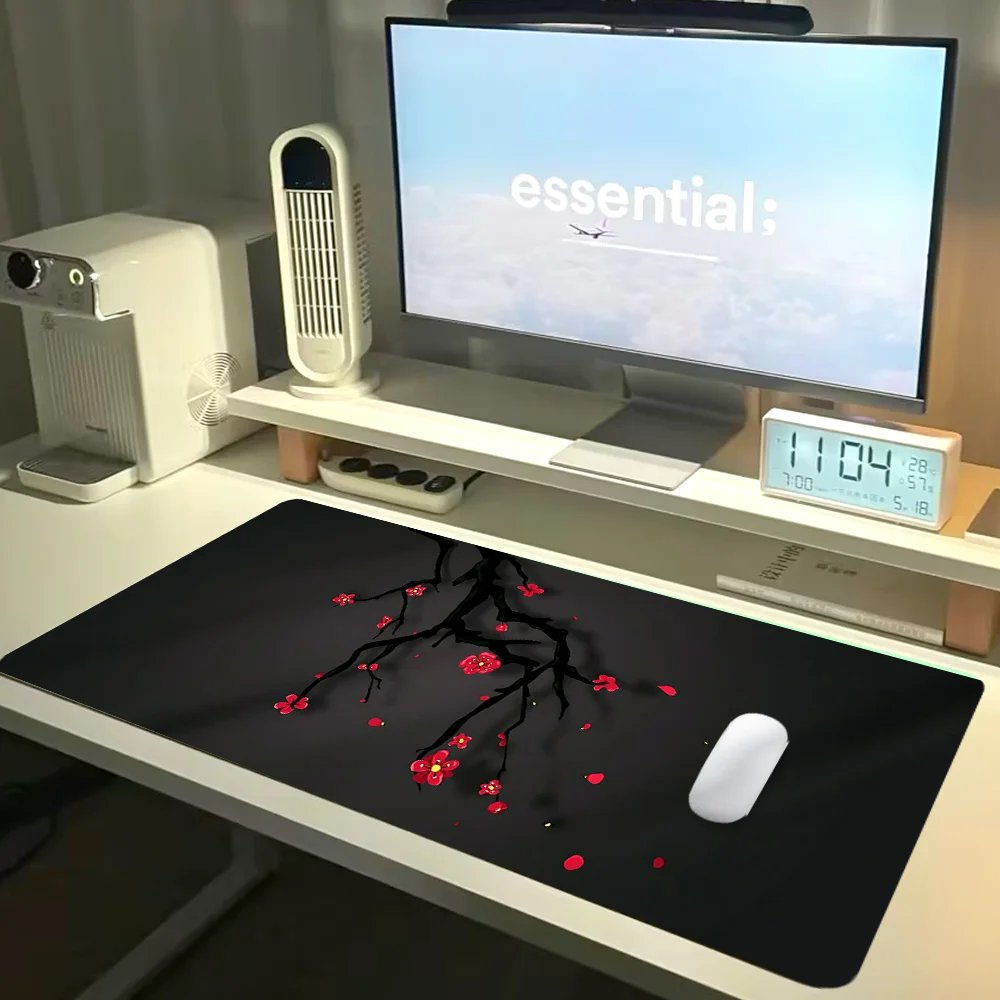 Cherry Blossoms Mouse Pad Large Black Gaming Desk Pad Desk Accessories Mousepad With Non-Slip Rubber Base Stitched Edge Deskpad