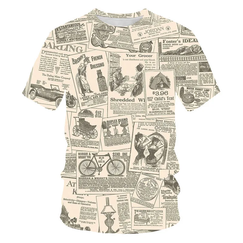 newspaper 3D  Print T Shirt for Men Hip Hop Trend Harajuku Streetwear Summer Outdoor Sports Short Sleeve Tops Loose O-neck Tee