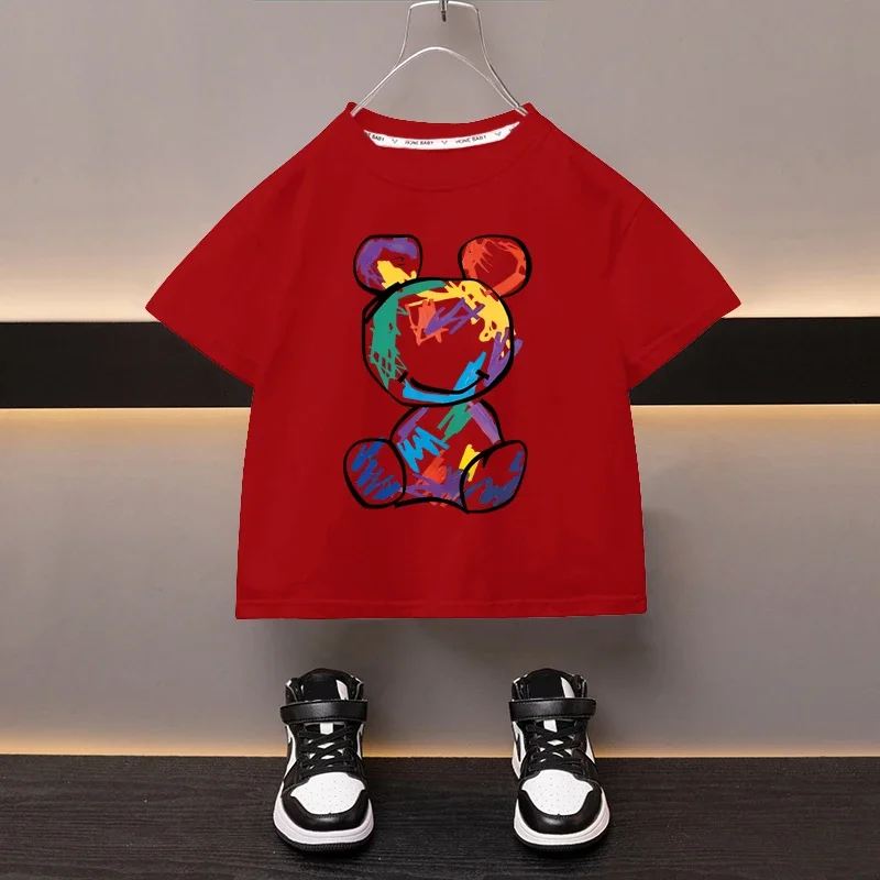 Boys Cotton T-shirt Cartoon Graffiti Bear Printed Girls Tees Summer Short Sleeve Children Tops High Quality Casual Kids Clothes