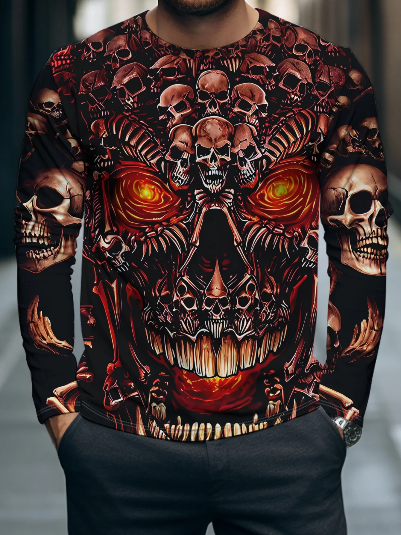2026 New Hot Selling Men's Gothic Full Print Skull Long Sleeve Halloween Punk 3D Printing Y2K Hip Hop Home Matching Leisure