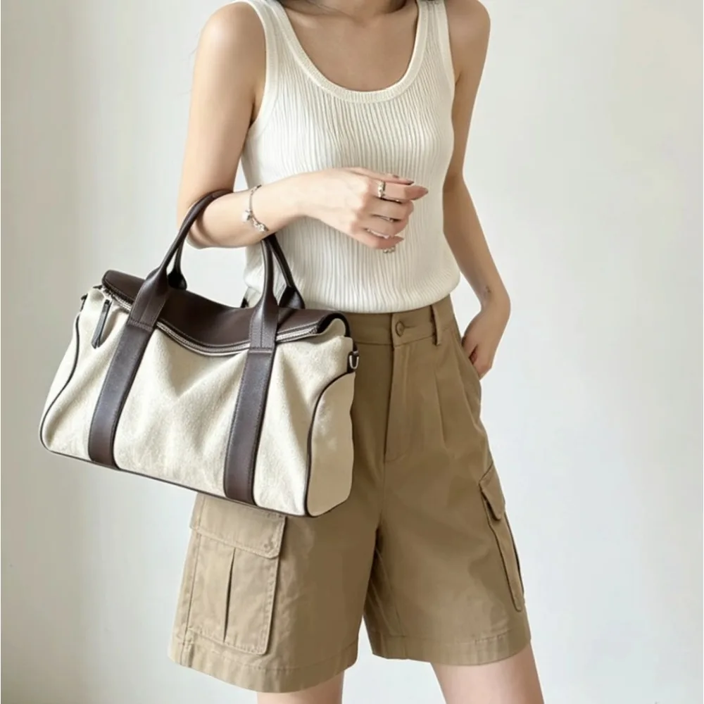 First Layer Cowhide with Cotton and Linen Texture Unique Fashion Simple Casual Daily Senior Commuting Bag Simple Large Capacity