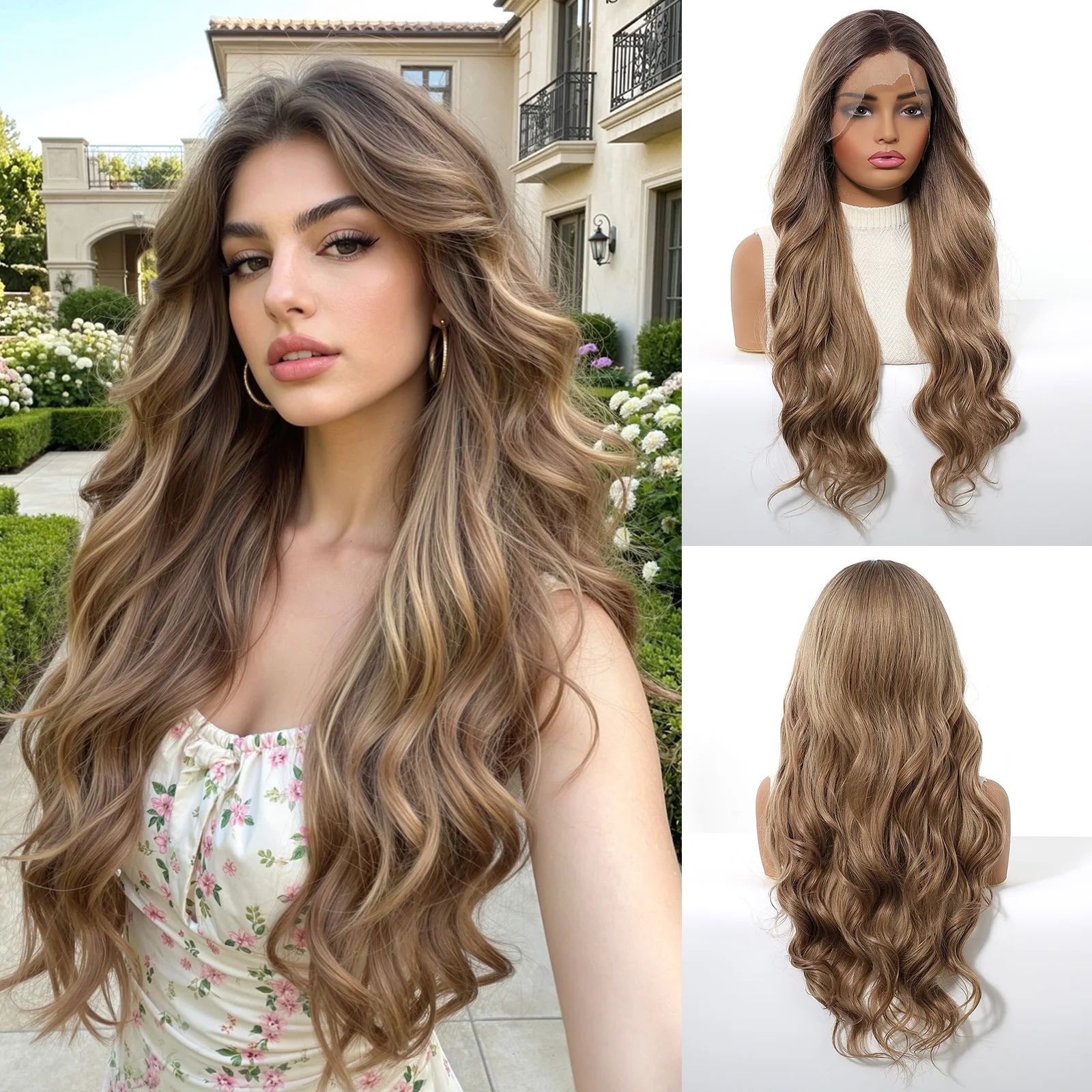 

Topshe 26 Inch Honey Brown Ombre Blonde 13x4 Lace Front Wig, Ships from USA, Glueless Body Wave Synthetic Wig