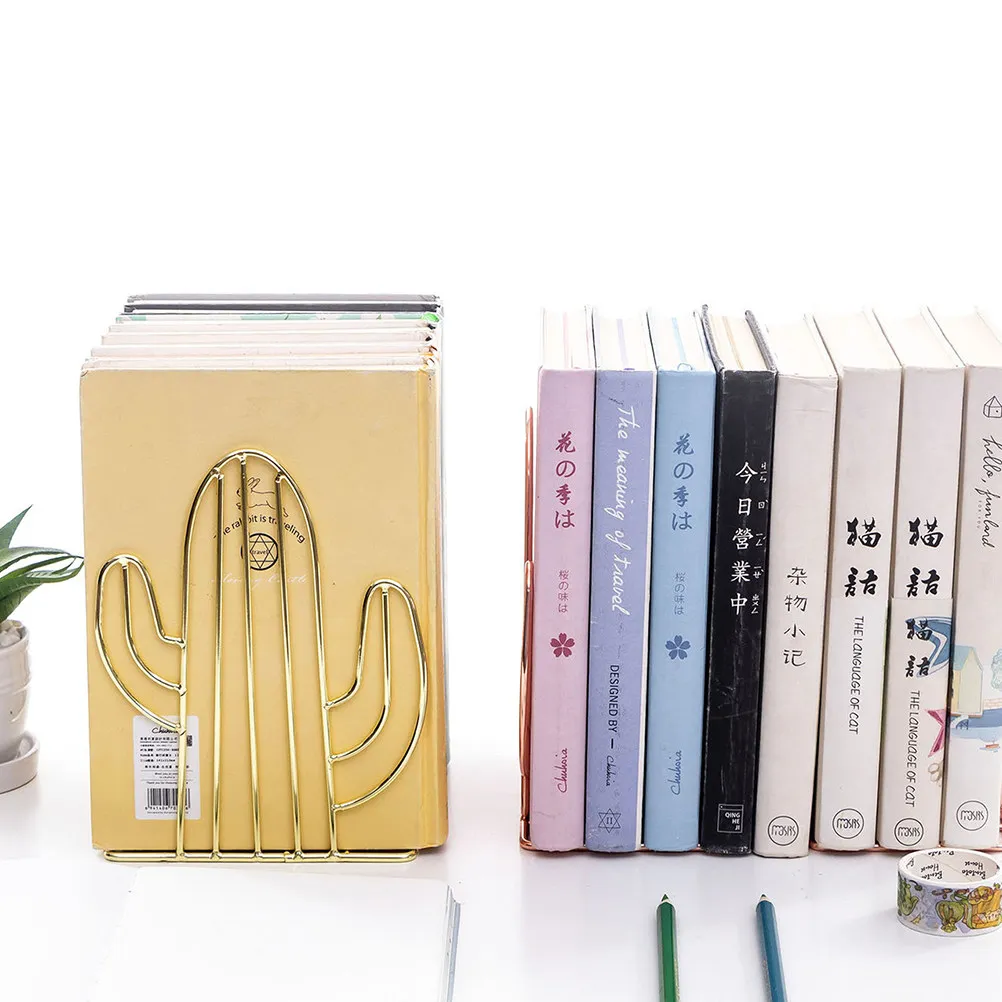 1Pair Wrought Iron Book Stands Modern Cactus Shaped Bookend Set Desktop Book Organizer Shelf Magazine Storage Holder