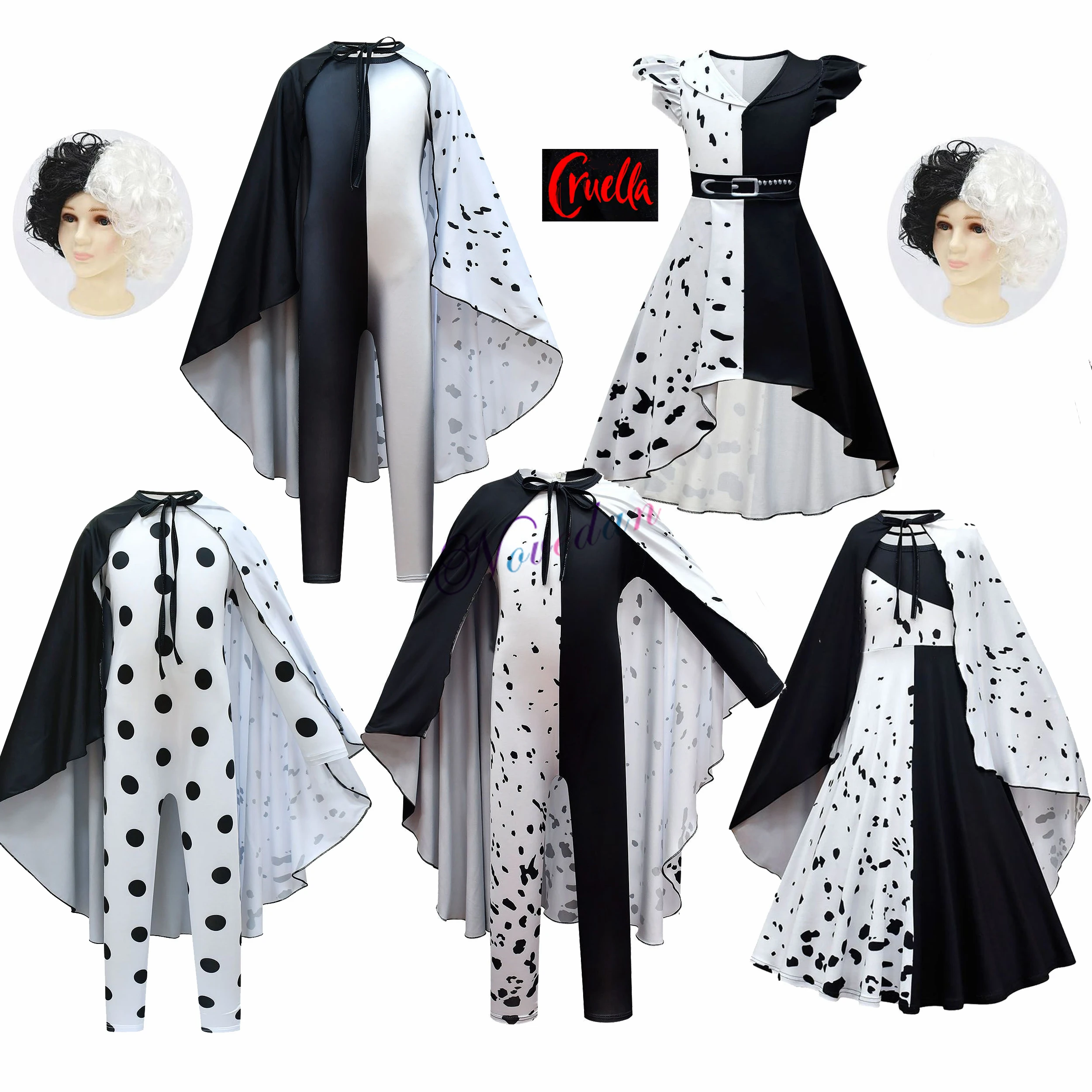 

Boy Girls Cruella De Vil Costume Kids Movie Cruella Cosplay Fancy Black White Princess Dress Jumpsuit Suit Wig Halloween Party