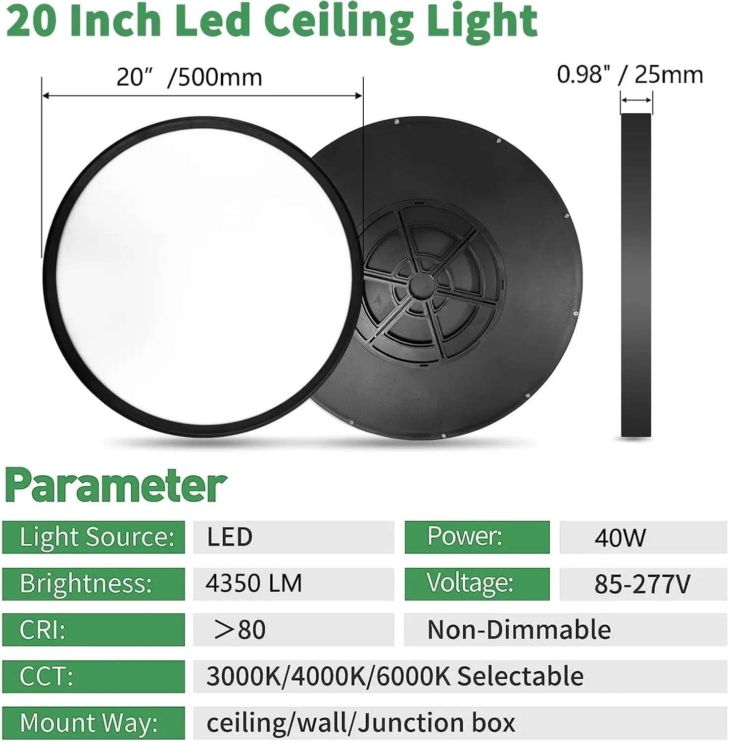 20 Inch Large Led Flush Mount Ceiling Light, 40W, 4350Lm, 3000K/4000K/6000K Cct Selectable,Black Round Flat Panel Light Low