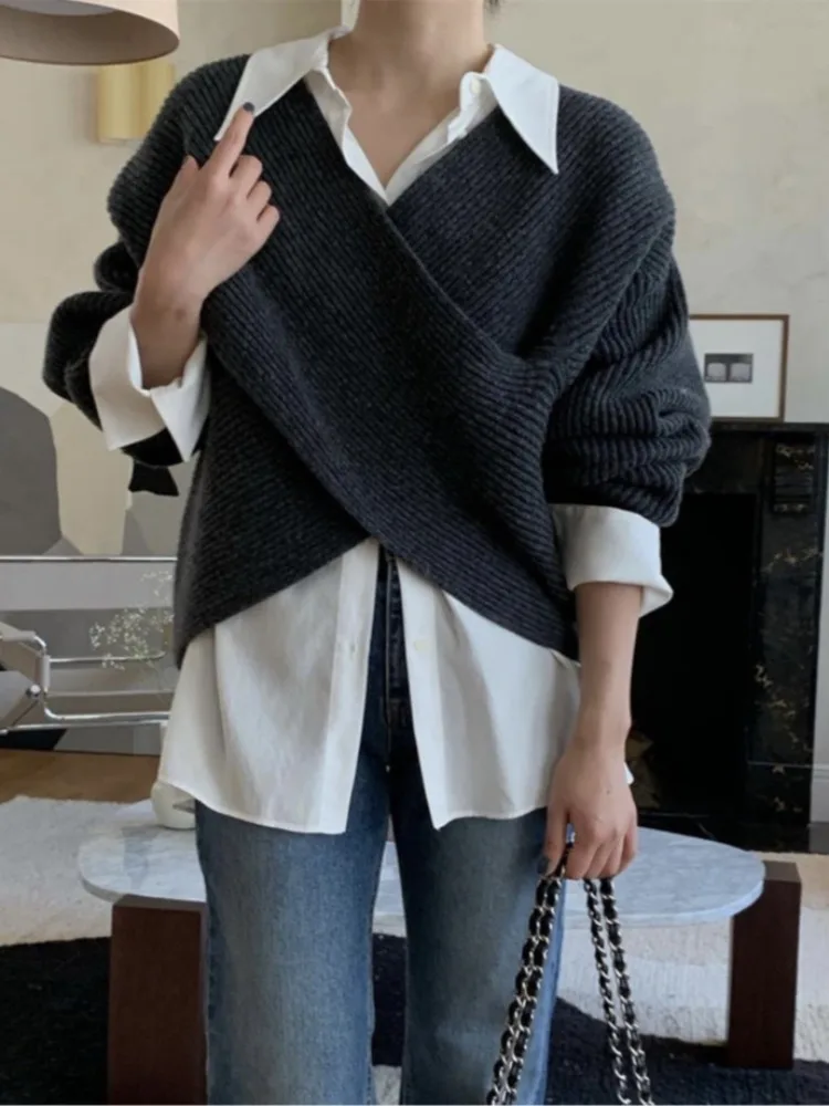

Chic V-Ne Cross Design Knitwear Loose ort Batwing Sve Sweater Faionable Versatile Spring Autumn Women's Knitted Top