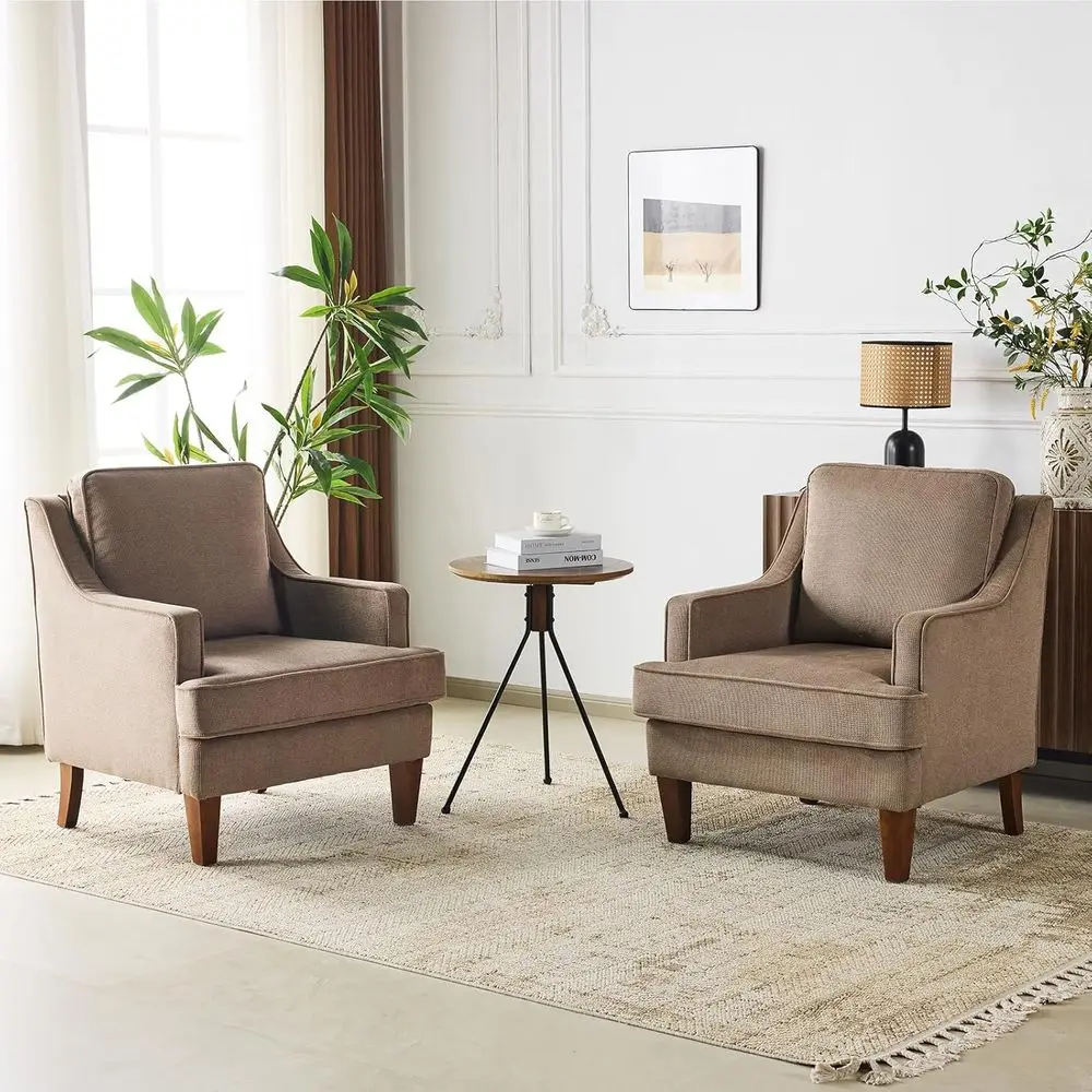 

Mid-Century Modern Accent Chairs Set of 2, Light Brown Upholstered Armchair Comfy Sofa Chairs Reading Chair High Back for Living
