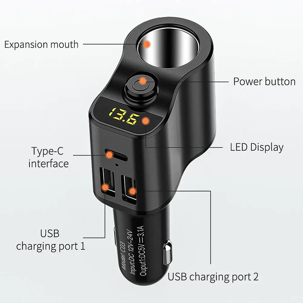 Car Charger Extension Cigarette Lighter Adapter Socket Splitter 2 USB 1 PD Ports Volt Meter 12V/24V Auto Outlet Fast Charging