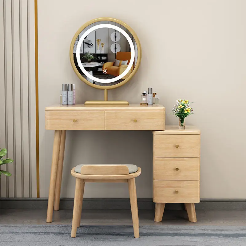 Modern Style Solid Wood Dressing Table with Storage Cabinet Light Luxury Makeup Table for Small Bedroom or Living Room