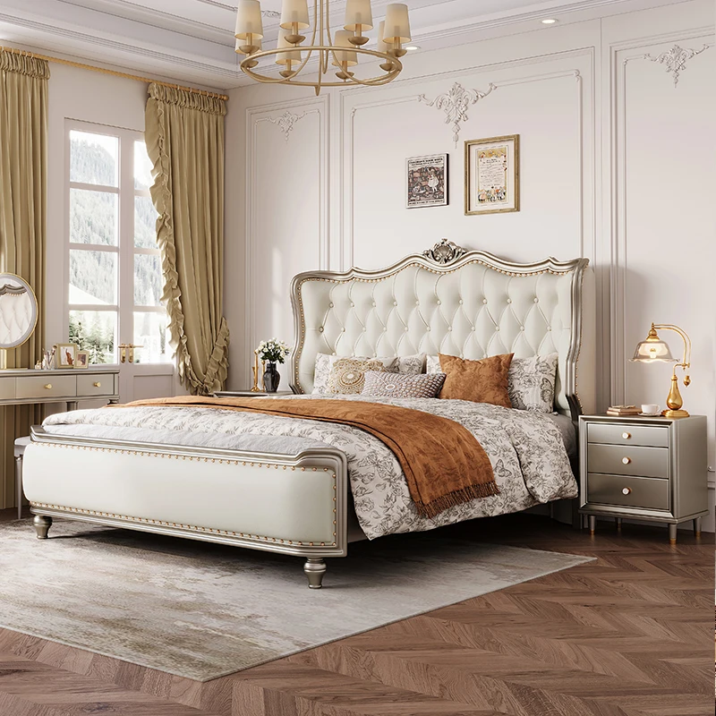 Solid wood soft bag bed, first-layer cowhide bed, master bedroom wedding bed, double bed