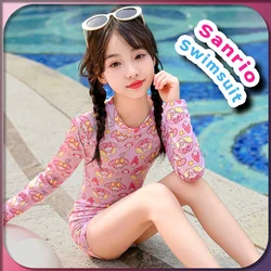 Kawaii My Melody Kid One-piece Swimsuit Sanrio Anime Girl Fashion 2024 New Summer Bathing Suit Long Sleeve Swimwear