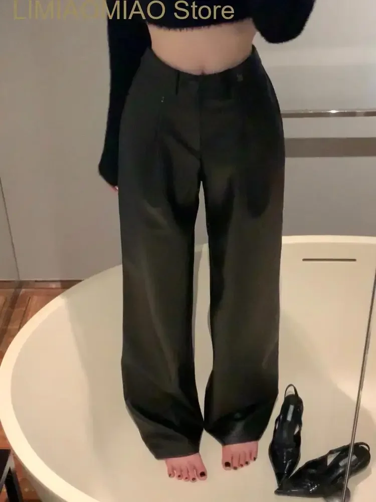 Nuevos pantalones de cuero negro para mujer, pantalones holgados informales elegantes de cintura alta, moda coreana para mujer, pantalones rectos de pierna ancha para invierno