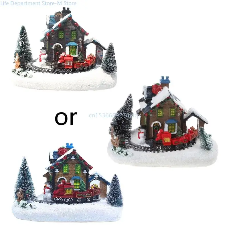 

Christmas Train Glowing House Snow Figurines Resin Desktop Ornament Decoration