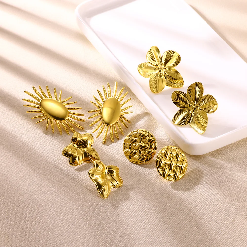 2024 Trend Stainless Steel Round Sun Flower Earrings Classic Gold Color Piercing Earring Minimalism Irregularly Jewellery Women