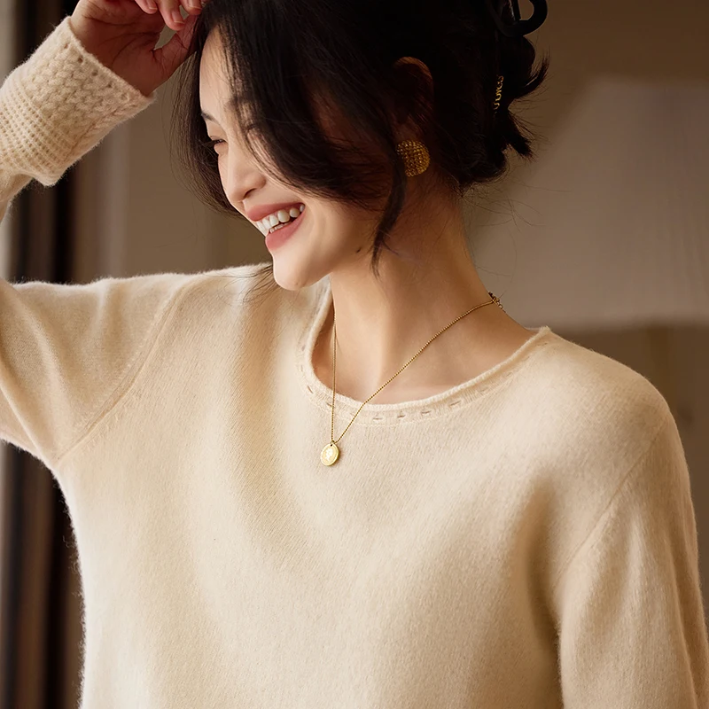 

Шикарный женский вязаный пуловер с круглым вырезом в стиле ретро, осень-зима, 100% мериносовая шерсть, теплый мягкий однотонный повседневный свободный костюм, топы