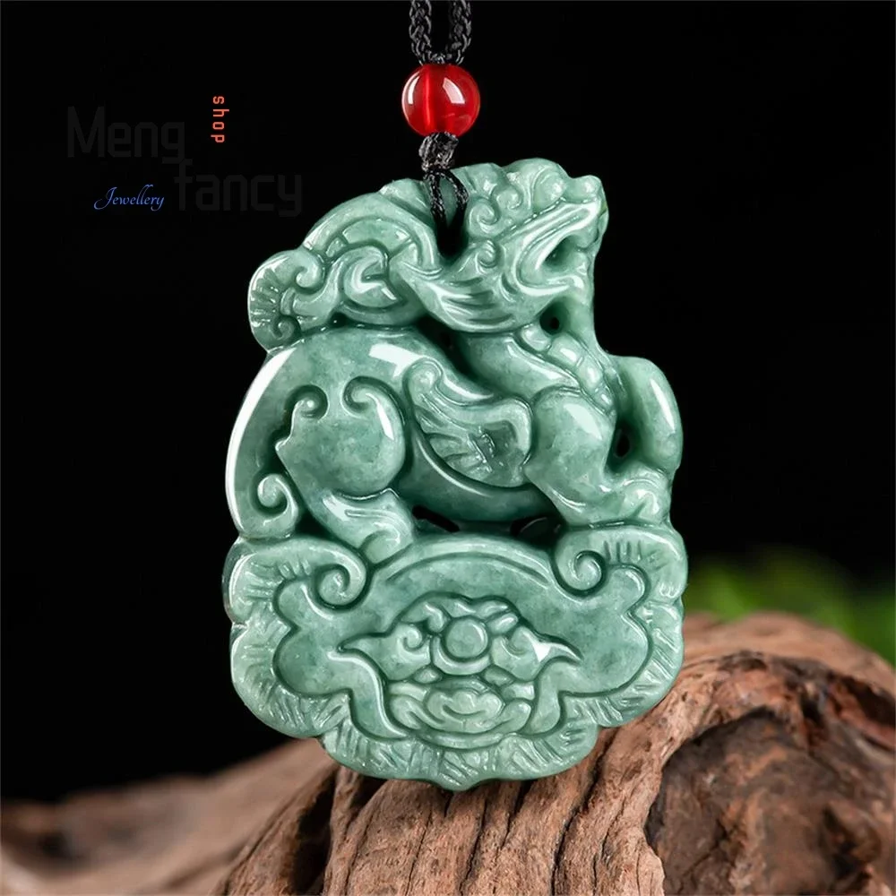 

Natural A-goods Jadeite Ruyi Fortune Unicorn Ice Jade Pendant Exquisite Retro Handicraft Mascots Fashion Jewelry Holiday Gift