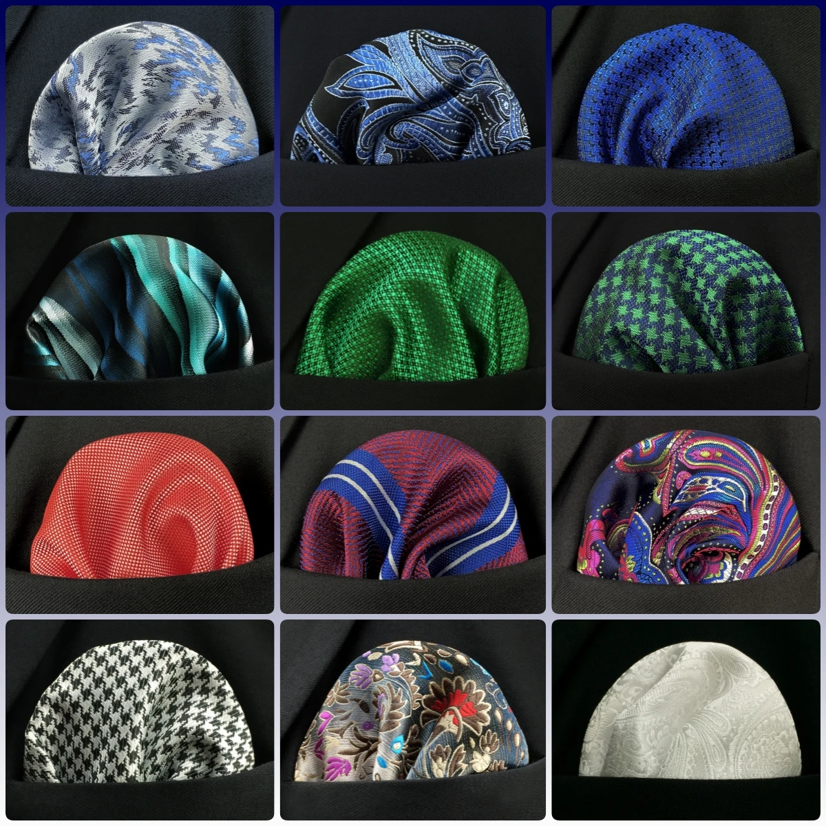 Pañuelo de bolsillo azul Floral Paisley para hombre, pañuelo clásico de seda púrpura, pañuelo de moda de negocios para boda