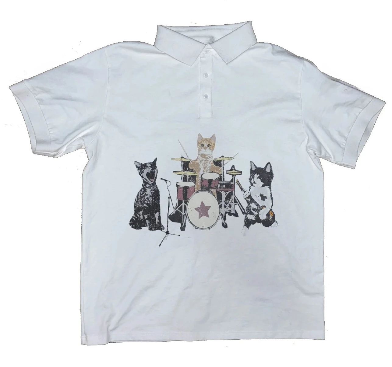 Y2K Fashion Oversized Cat Paw Embroidery Pattern Lapel Shirt with Retro Print Cute Cat Neutral White Casual Top
