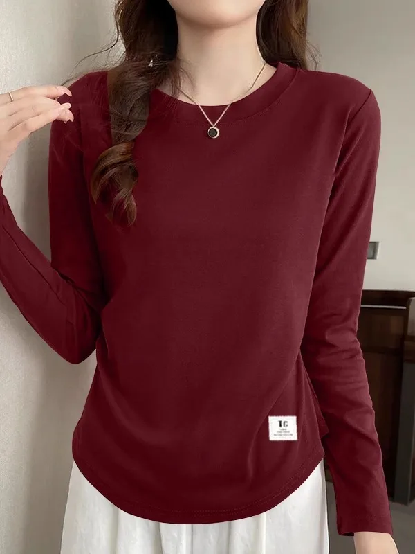 レディース純綿長袖Tシャツ、ラウンドネック、プリーツ入り、スリムフィット、おしゃれな秋トップス、快適で柔らかい、韓国風、ゆったり...