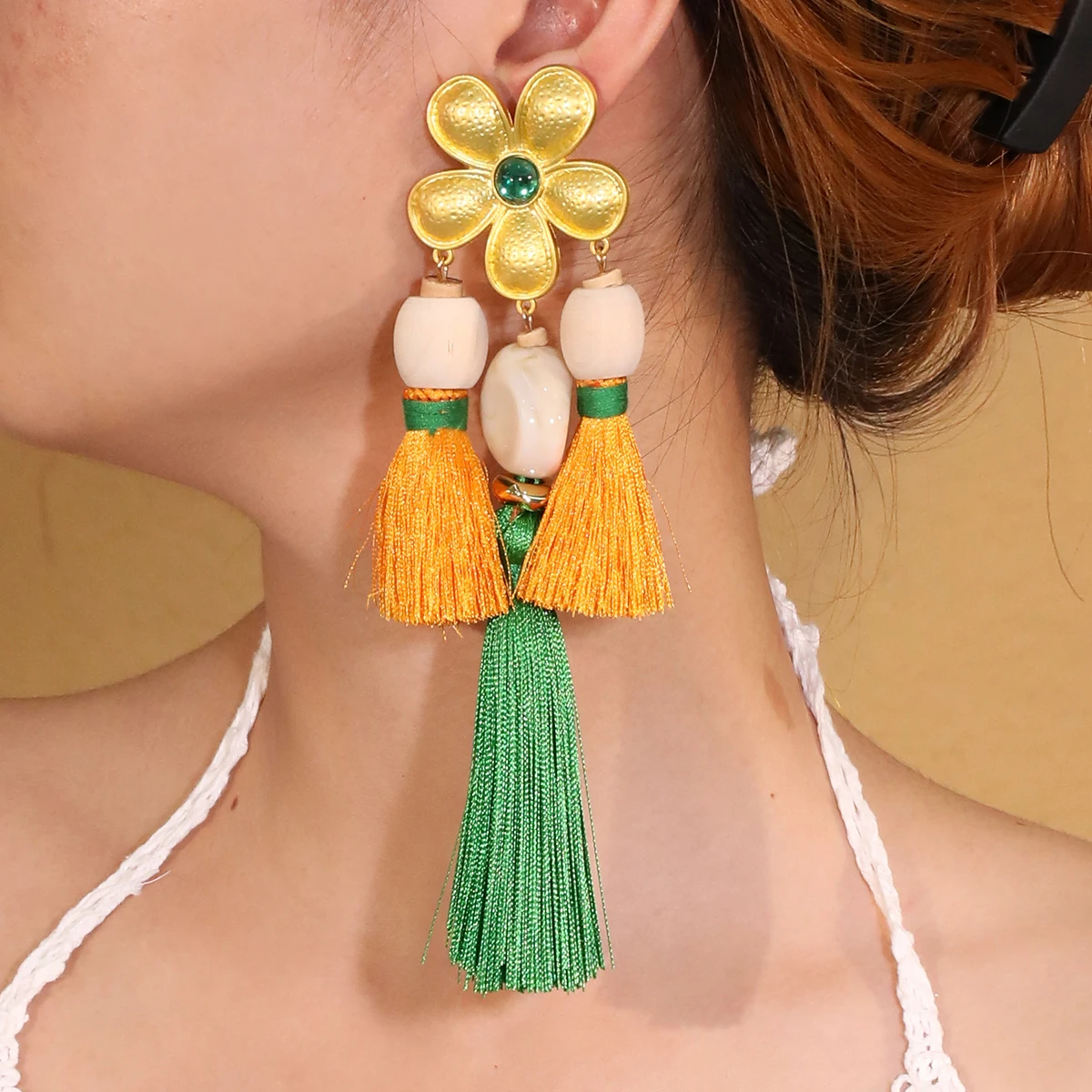 Statement Flower&Tassels Dangle Earrings Exaggerated Earrings Handmade For Women Wedding Party Jewelry Dress Accessories