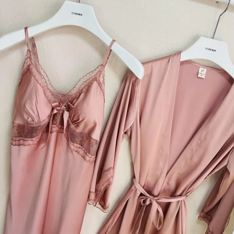 Pink Hollow Out Lace 2Pcs Robes Suit Sexy Silk Satin Kimono Robe Gown Women Bathrobe Lace Patchwork Lingerie Spaghetti Strap