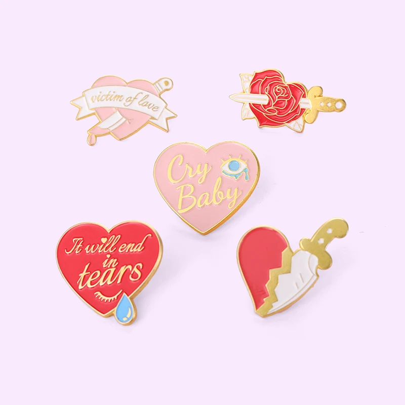 It Will End In Tears Love Enamel Pins Cry Baby Rose Knife Heart Alloy Brooch Badges Trendy Charm Lapel Jewelry Gift for Friends