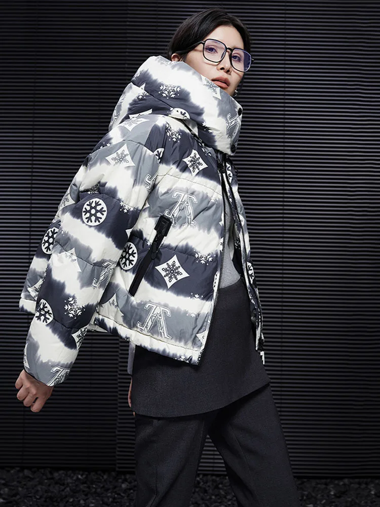 Color blocking printed down jacket for women short style 2024 winter new hooded white duck down thick short jacket