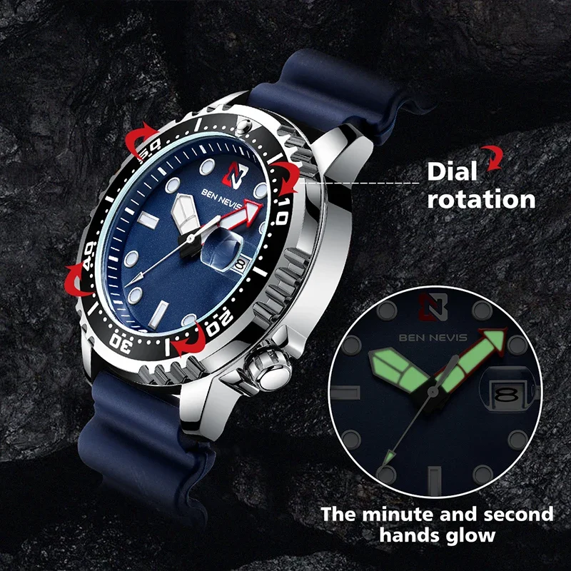 

44mm Sports Quartz Wristwatch install Quartz Movement Luxury Silicone Strap Diving Water Ghost Style Men Watch