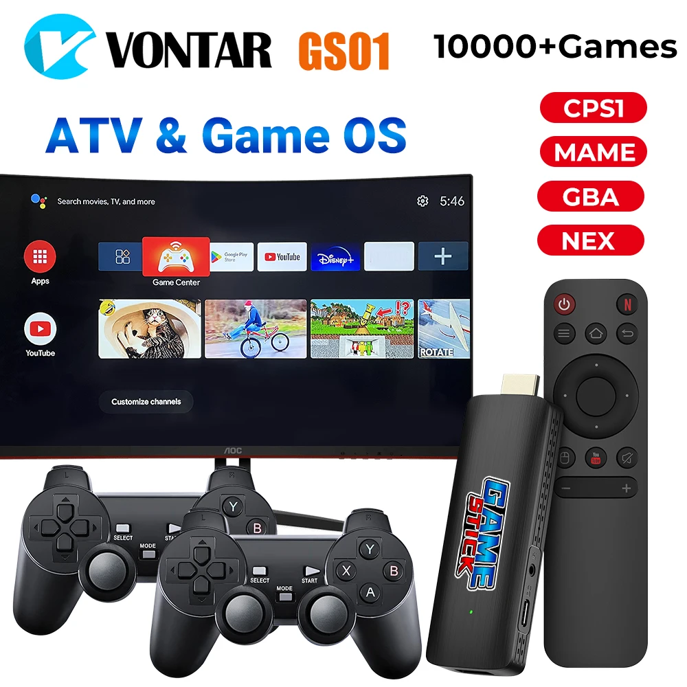 VONTAR GS01 TV Game Stick Retro Game Console For PS1/PSP/N64/GBA with Androidtv Game Dual OS Support 4K HDR with 10000+ Games