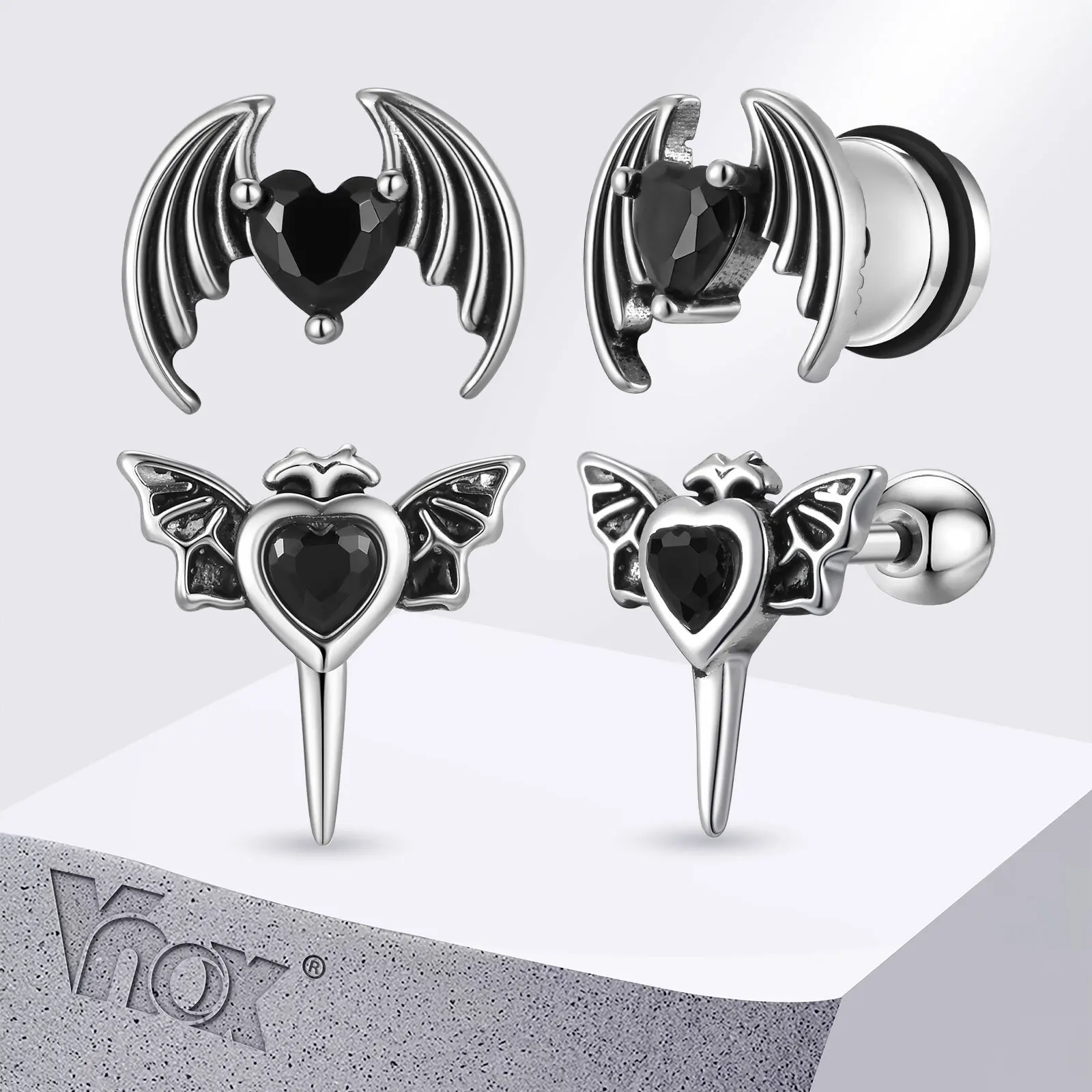Vnox Heart-Shaped Zircon Stone Wing Earrings for Men Boys, Wing Shaped Screw Back Stud Earrings, Stainless Steel Jewelry Gifts