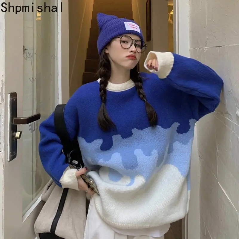 

Gradient Blue Sweater Design Sense Pullover for Women's Autumn and Winter 2023 New Lazy Contrasting Color Knitted Sweater Top