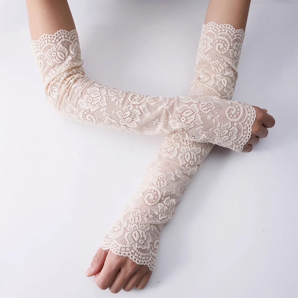 

Elegant White Floral Lace Arm Sleeves Women 45cm Long UV Protection Fingerless Gloves for Wedding, Party, Driving Summer