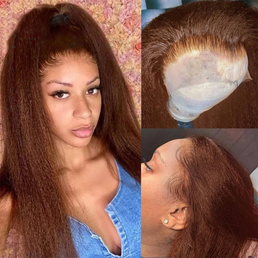 Soft Long Honey Blonde Brown Yaki Kinky Straight Preplucked 180%Density Glueless Lace Front Wig For Black Women BabyHair Daily