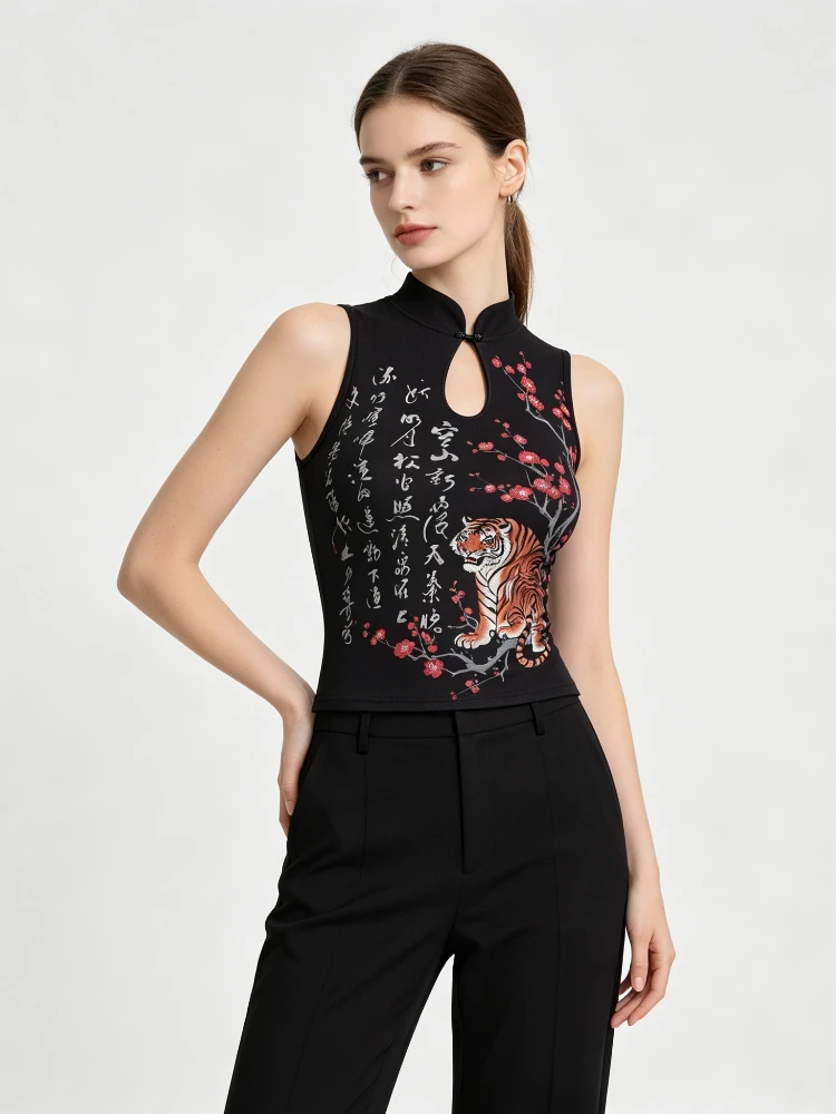 New Chinese Fashion Cheongsam Collar Vest Oriental Calligraphy Tiger Floral Print Hollow Out Slim Sleeveless Tank Tops For Women