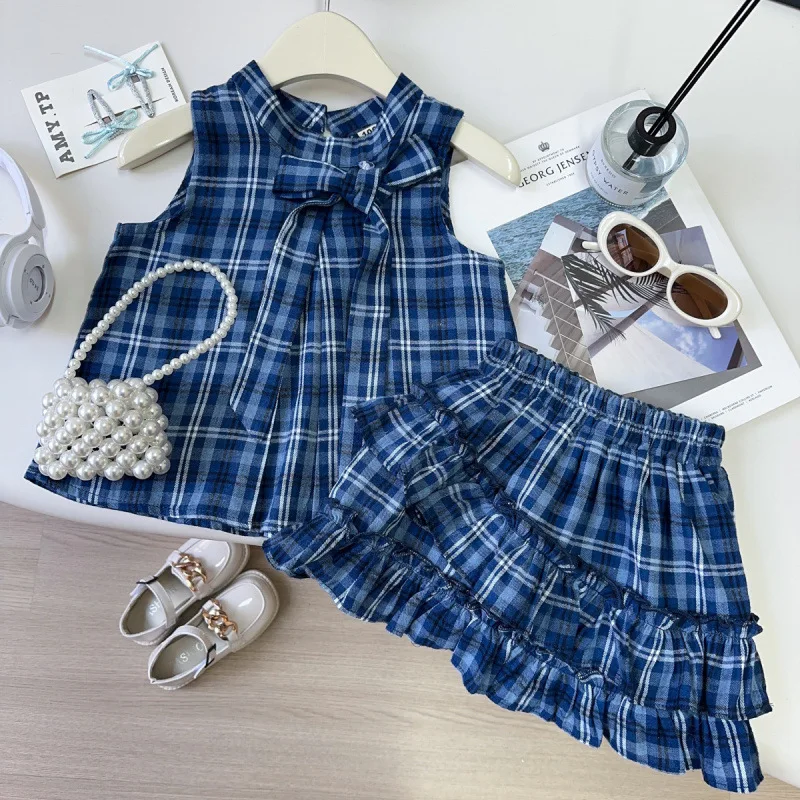

2025Summer Girls' Sweet Outfit Baby Stylish Round Neck Plaid Loose Sleeveless Vest Cake Dress Two-Piece Set