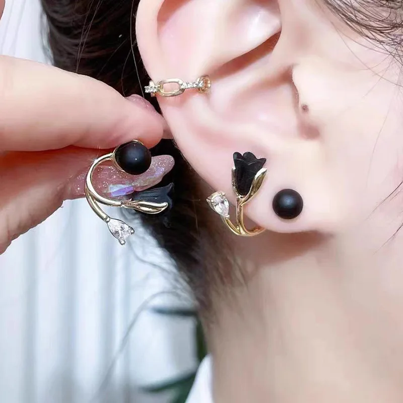 925 Silver Needle Red Tulip Flower Earrings For Women Jewelry 2024 Trending Luxury Back Hanging Black Women\'s Stud Earrings New