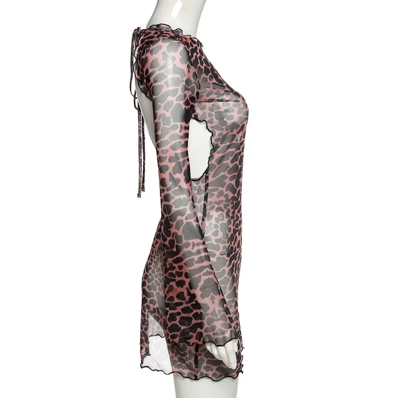 Sexy Party Night Outfits Sexy Leopard Print Backless Dress Transparent Halter Flare Sleeve Lace-Up Bodysuit Mini Street Dress