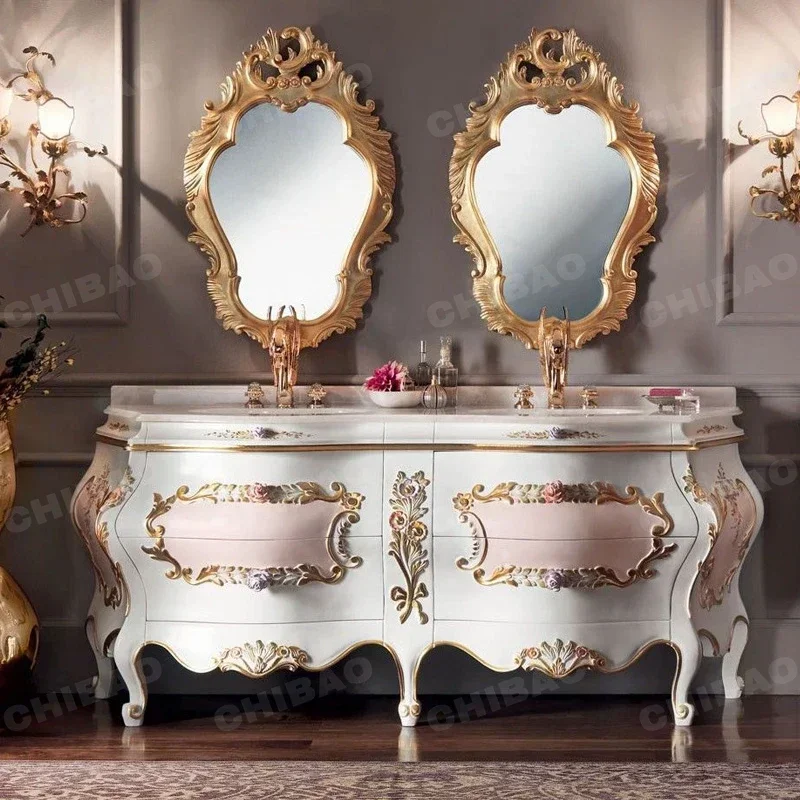 French Style Wash Hand Basin With Cabinet Classic Carved Ceramic Bathroom Accessories Set Best Bathroom Vanity Supplier
