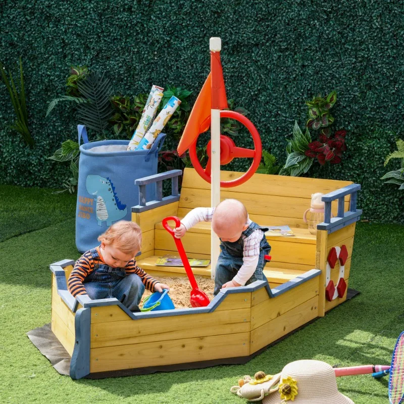 Caixa de areia pirata infantil de madeira Outsunny, barco de areia ao ar livre com assentos de banco, armazenamento, pano de tecido não tecido para quintal, gramado