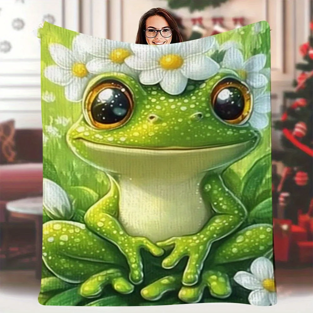 Frog & Floral Print Blanket Warm, and Multi-Purpose for Dorms, Camping, and Travel, Featuring a Cute Green Frog with White